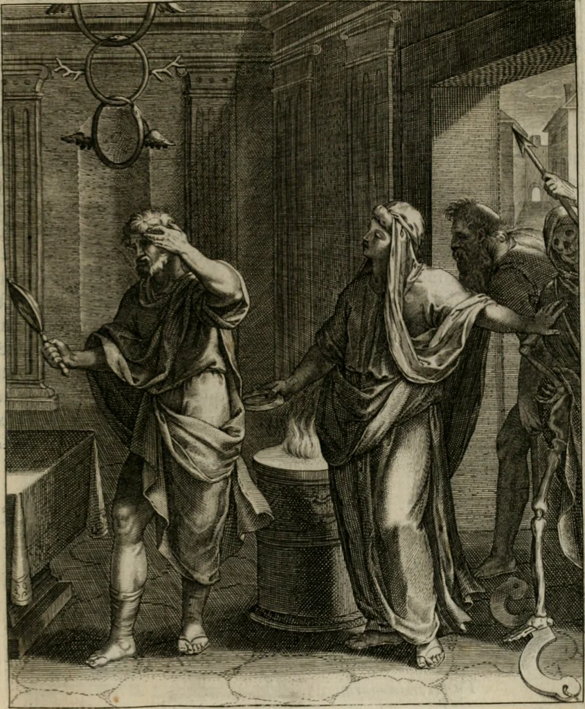 An illustration from La doctrine des moeurs : tiree de la philosophie des stoiques: representee en cent tableaux. Et expliquee en cent discours pour l'instruction de la ieunesse. Au Roy, 1646, leaf 206