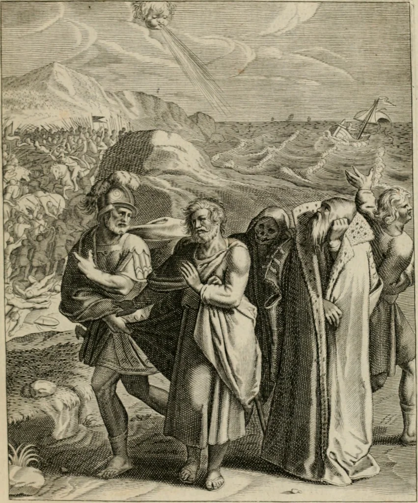 An illustration from La doctrine des moeurs : tiree de la philosophie des stoiques: representee en cent tableaux. Et expliquee en cent discours pour l'instruction de la ieunesse. Au Roy, 1646, leaf 210