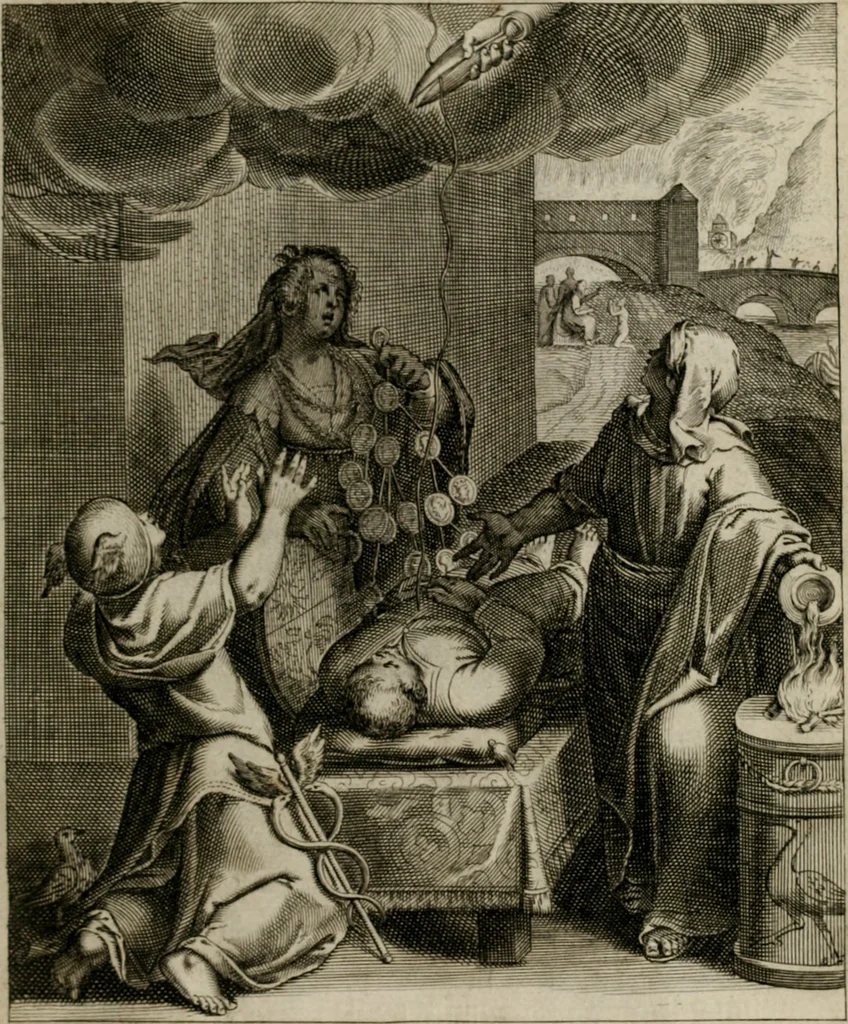 An illustration from La doctrine des moeurs : tiree de la philosophie des stoiques: representee en cent tableaux. Et expliquee en cent discours pour l'instruction de la ieunesse. Au Roy, 1646, leaf 220