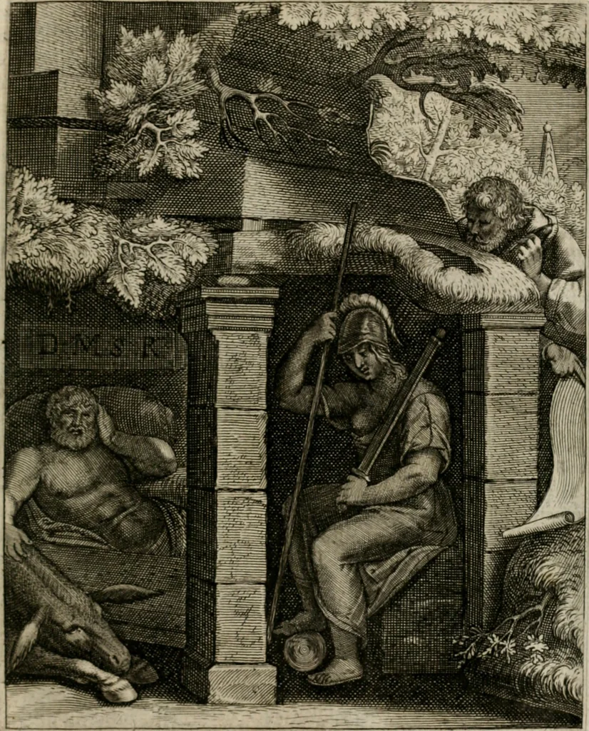 An illustration from La doctrine des moeurs : tiree de la philosophie des stoiques: representee en cent tableaux. Et expliquee en cent discours pour l'instruction de la ieunesse. Au Roy, 1646, leaf 44
