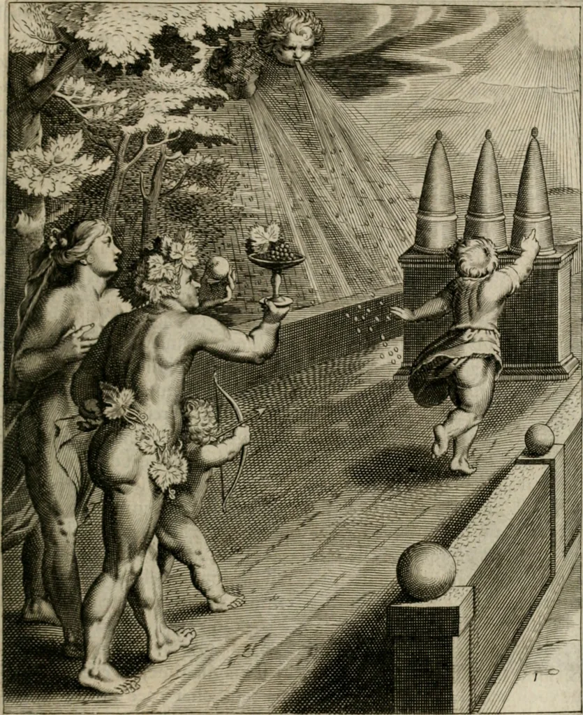 An illustration from La doctrine des moeurs : tiree de la philosophie des stoiques: representee en cent tableaux. Et expliquee en cent discours pour l'instruction de la ieunesse. Au Roy, 1646, leaf 48