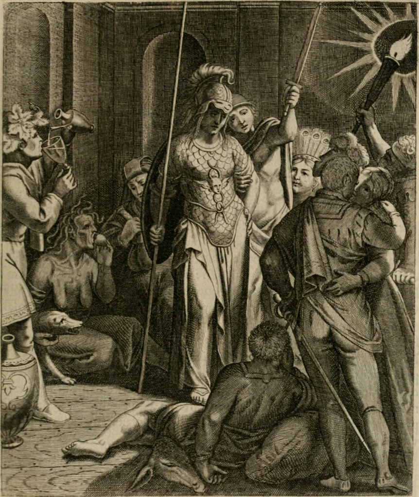 An illustration from La doctrine des moeurs : tiree de la philosophie des stoiques: representee en cent tableaux. Et expliquee en cent discours pour l'instruction de la ieunesse. Au Roy, 1646, leaf 52