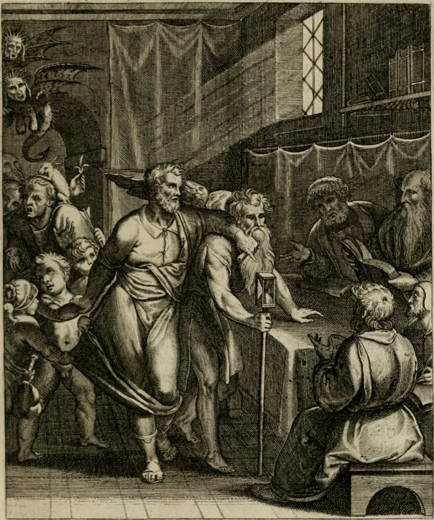 An illustration from La doctrine des moeurs : tiree de la philosophie des stoiques: representee en cent tableaux. Et expliquee en cent discours pour l'instruction de la ieunesse. Au Roy, 1646, leaf 54