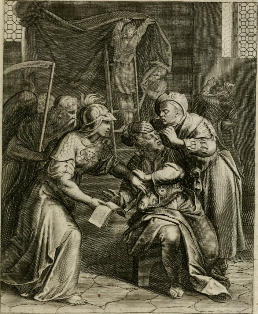 An illustration from La doctrine des moeurs : tiree de la philosophie des stoiques: representee en cent tableaux. Et expliquee en cent discours pour l'instruction de la ieunesse. Au Roy, 1646, leaf 58