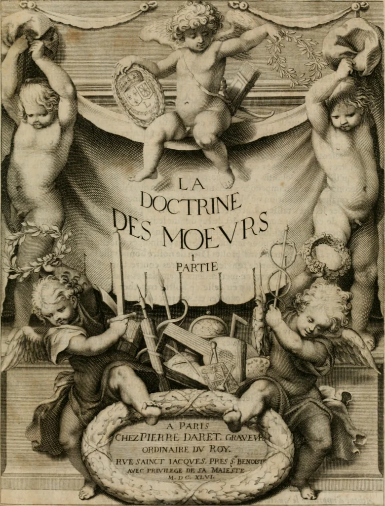 An illustration from La doctrine des moeurs : tiree de la philosophie des stoiques: representee en cent tableaux. Et expliquee en cent discours pour l'instruction de la ieunesse. Au Roy, 1646, leaf 6