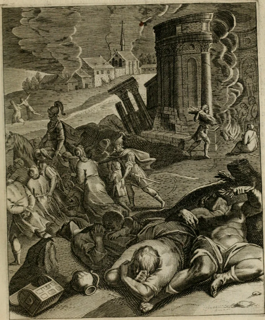 An illustration from La doctrine des moeurs : tiree de la philosophie des stoiques: representee en cent tableaux. Et expliquee en cent discours pour l'instruction de la ieunesse. Au Roy, 1646, leaf 62