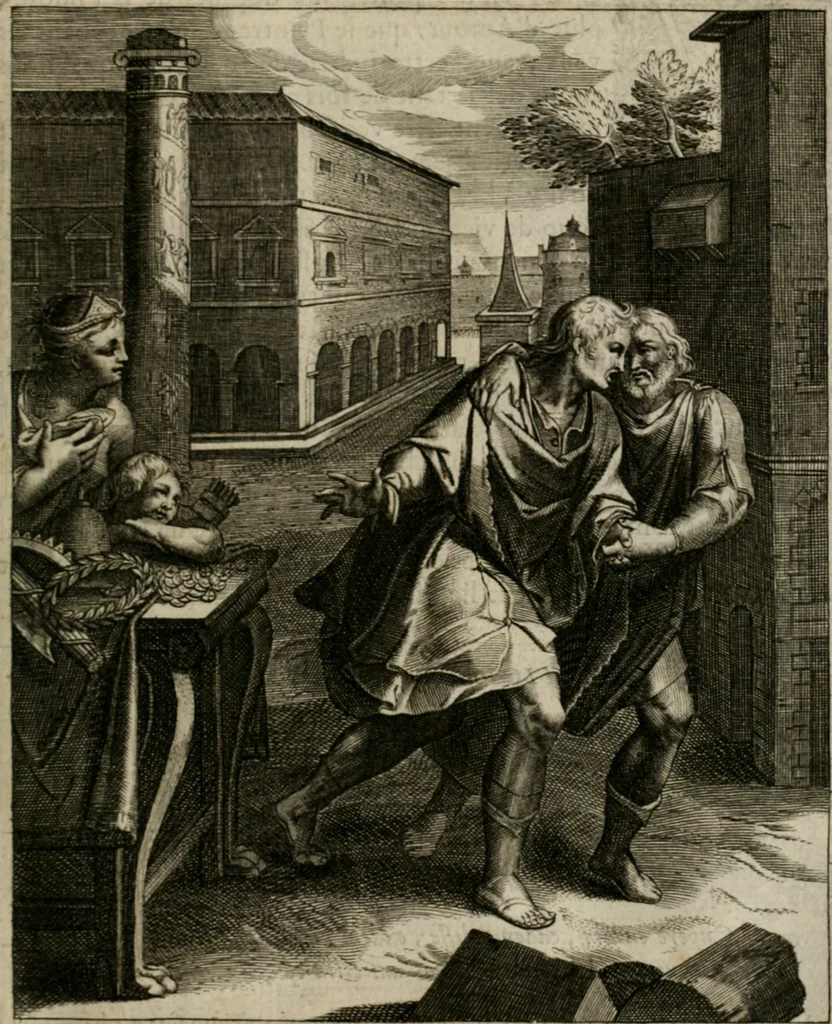 An illustration from La doctrine des moeurs : tiree de la philosophie des stoiques: representee en cent tableaux. Et expliquee en cent discours pour l'instruction de la ieunesse. Au Roy, 1646, leaf 66