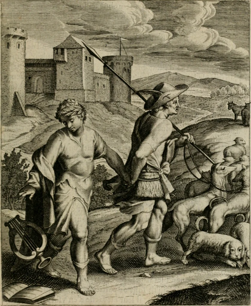 An illustration from La doctrine des moeurs : tiree de la philosophie des stoiques: representee en cent tableaux. Et expliquee en cent discours pour l'instruction de la ieunesse. Au Roy, 1646, leaf 68