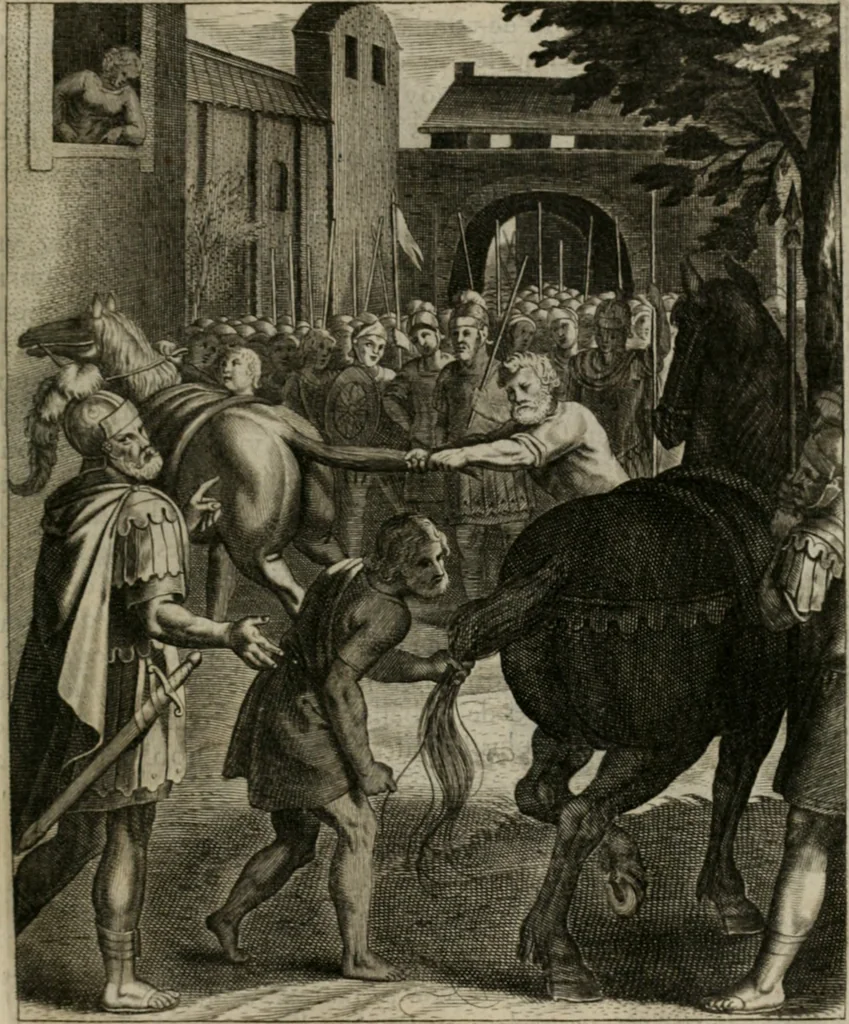 An illustration from La doctrine des moeurs : tiree de la philosophie des stoiques: representee en cent tableaux. Et expliquee en cent discours pour l'instruction de la ieunesse. Au Roy, 1646, leaf 70