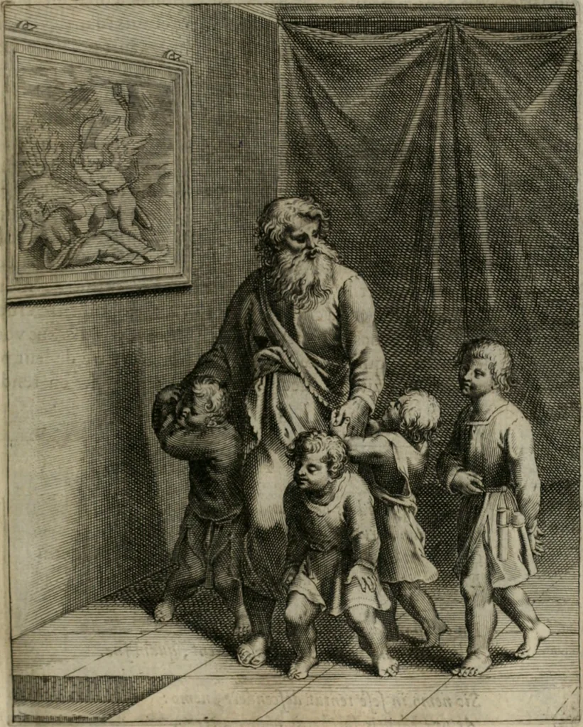 An illustration from La doctrine des moeurs : tiree de la philosophie des stoiques: representee en cent tableaux. Et expliquee en cent discours pour l'instruction de la ieunesse. Au Roy, 1646, leaf 74