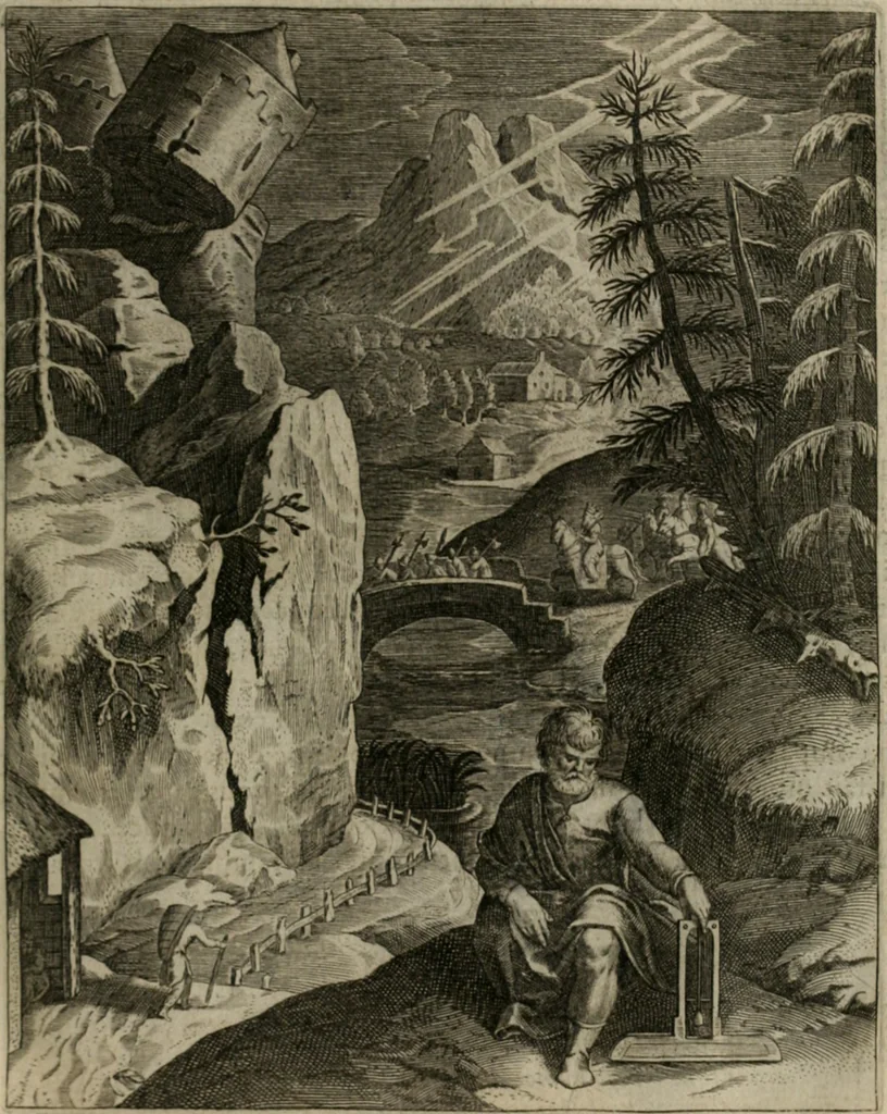An illustration from La doctrine des moeurs : tiree de la philosophie des stoiques: representee en cent tableaux. Et expliquee en cent discours pour l'instruction de la ieunesse. Au Roy, 1646, leaf 84