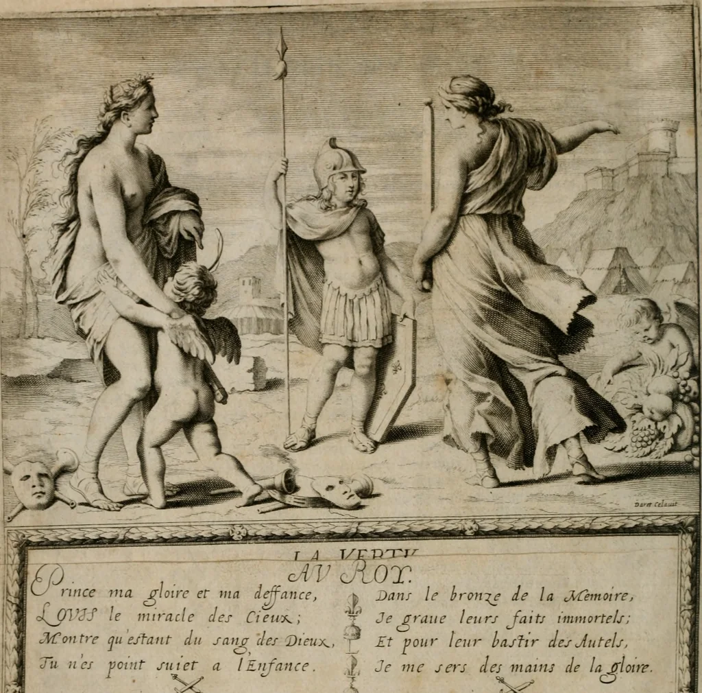An illustration from La doctrine des moeurs : tiree de la philosophie des stoiques: representee en cent tableaux. Et expliquee en cent discours pour l'instruction de la ieunesse. Au Roy, 1646, leaf 9