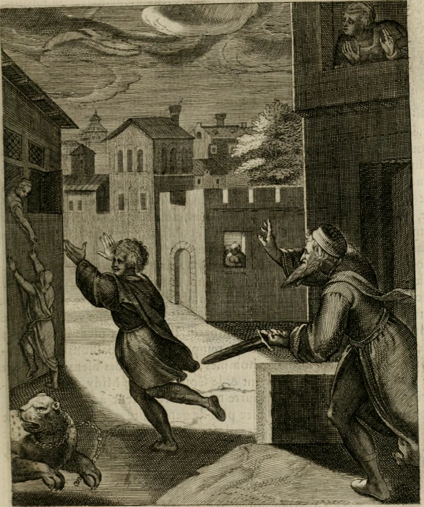 An illustration from La doctrine des moeurs : tiree de la philosophie des stoiques: representee en cent tableaux. Et expliquee en cent discours pour l'instruction de la ieunesse. Au Roy, 1646, leaf 94