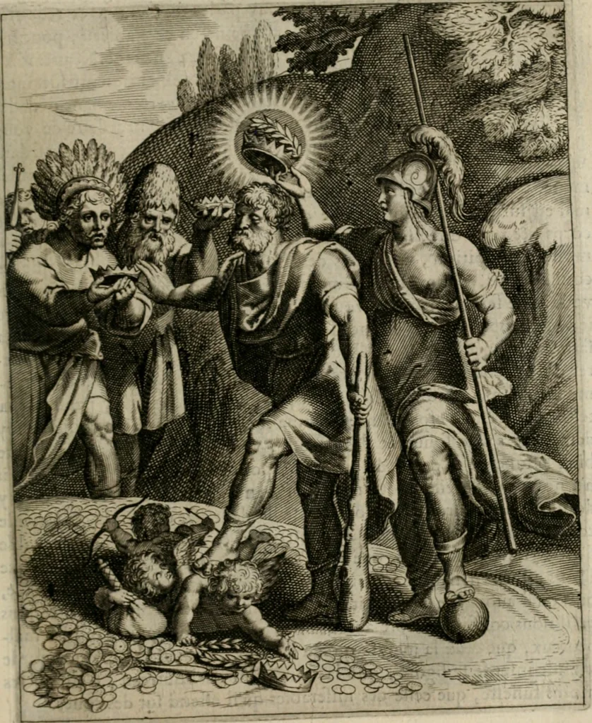 An illustration from La doctrine des moeurs : tiree de la philosophie des stoiques: representee en cent tableaux. Et expliquee en cent discours pour l'instruction de la ieunesse. Au Roy, 1646, leaf 96