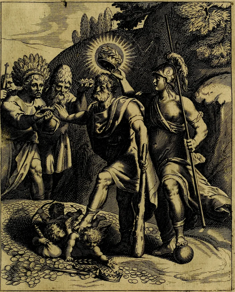 An illustration from La doctrine des moevrs, tiree de la philosophie des stoiques, representee en cent tableavx et expliqvee en cent discovrs pour l'instruction de la ieunesse, 1646, leaf 108