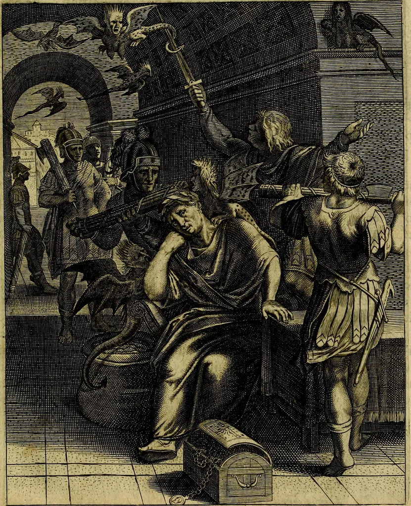 An illustration from La doctrine des moevrs, tiree de la philosophie des stoiques, representee en cent tableavx et expliqvee en cent discovrs pour l'instruction de la ieunesse, 1646, leaf 112