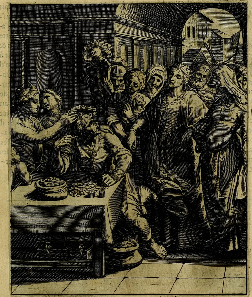 An illustration from La doctrine des moevrs, tiree de la philosophie des stoiques, representee en cent tableavx et expliqvee en cent discovrs pour l'instruction de la ieunesse, 1646, leaf 122