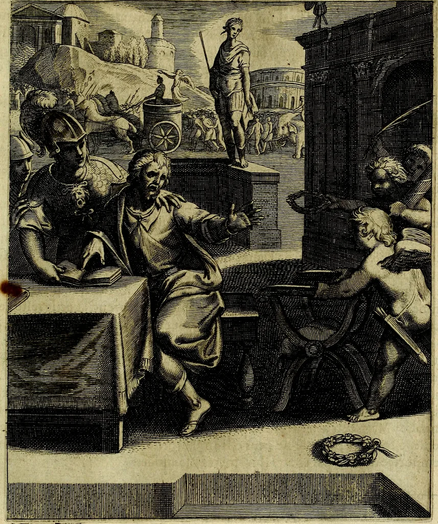 An illustration from La doctrine des moevrs, tiree de la philosophie des stoiques, representee en cent tableavx et expliqvee en cent discovrs pour l'instruction de la ieunesse, 1646, leaf 166