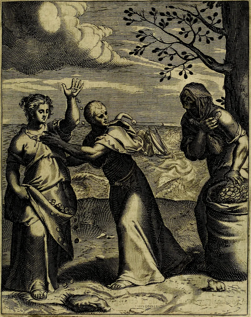 An illustration from La doctrine des moevrs, tiree de la philosophie des stoiques, representee en cent tableavx et expliqvee en cent discovrs pour l'instruction de la ieunesse, 1646, leaf 48