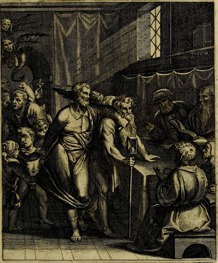 An illustration from La doctrine des moevrs, tiree de la philosophie des stoiques, representee en cent tableavx et expliqvee en cent discovrs pour l'instruction de la ieunesse, 1646, leaf 54