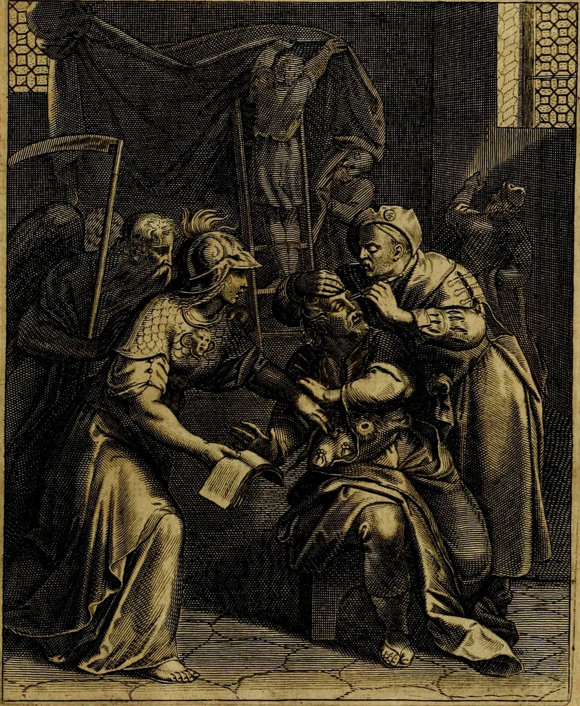 An illustration from La doctrine des moevrs, tiree de la philosophie des stoiques, representee en cent tableavx et expliqvee en cent discovrs pour l'instruction de la ieunesse, 1646, leaf 58