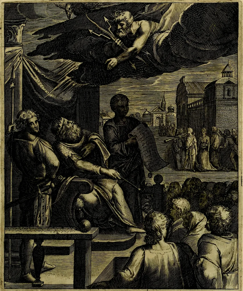 An illustration from La doctrine des moevrs, tiree de la philosophie des stoiques, representee en cent tableavx et expliqvee en cent discovrs pour l'instruction de la ieunesse, 1646, leaf 62