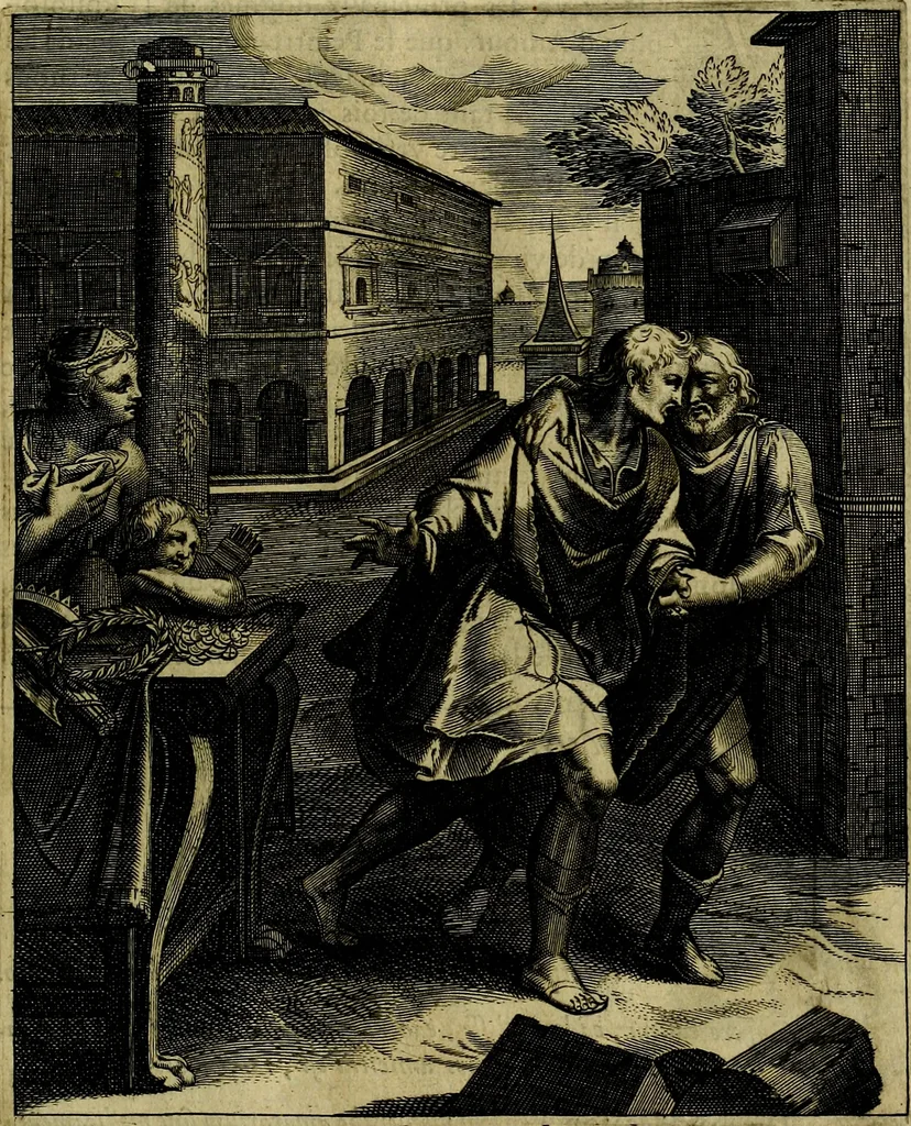 An illustration from La doctrine des moevrs, tiree de la philosophie des stoiques, representee en cent tableavx et expliqvee en cent discovrs pour l'instruction de la ieunesse, 1646, leaf 70
