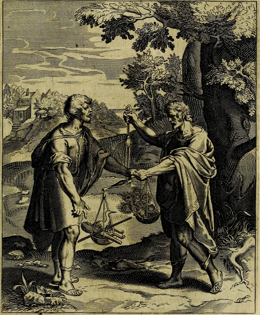 An illustration from La doctrine des moevrs, tiree de la philosophie des stoiques, representee en cent tableavx et expliqvee en cent discovrs pour l'instruction de la ieunesse, 1646, leaf 72