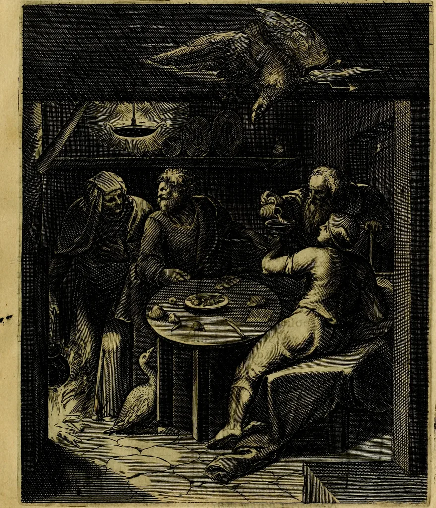 An illustration from La doctrine des moevrs, tiree de la philosophie des stoiques, representee en cent tableavx et expliqvee en cent discovrs pour l'instruction de la ieunesse, 1646, leaf 92