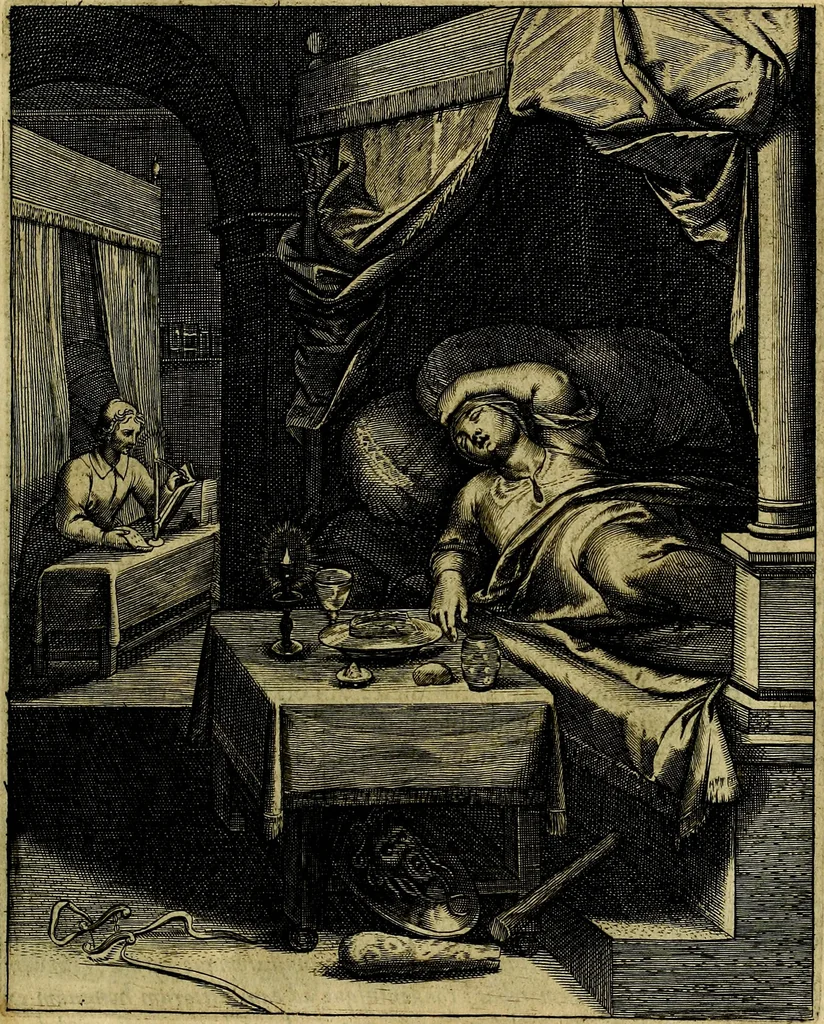 An illustration from La doctrine des moevrs, tiree de la philosophie des stoiques, representee en cent tableavx et expliqvee en cent discovrs pour l'instruction de la ieunesse, 1646, leaf 98