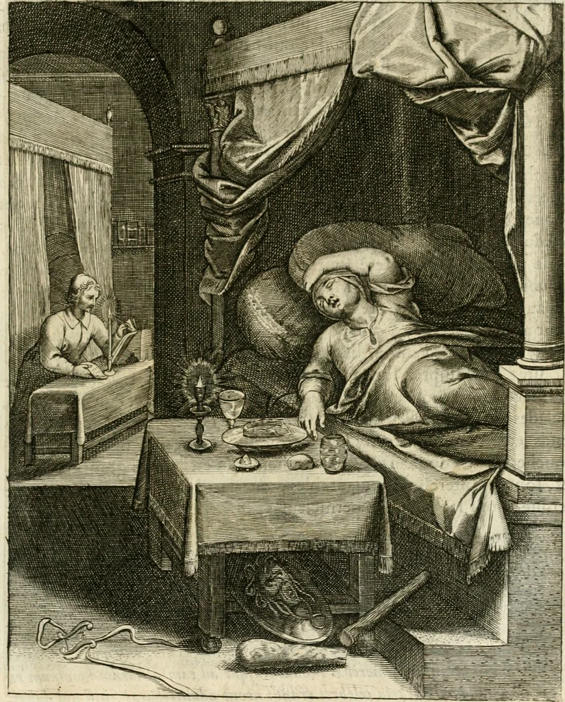 An illustration from La doctrine des murs, tiree de la philosophie des stoiques, representee en cent tableaux et expliquee en cent discours pour l'instruction de la ieunesse, 1646, leaf 104