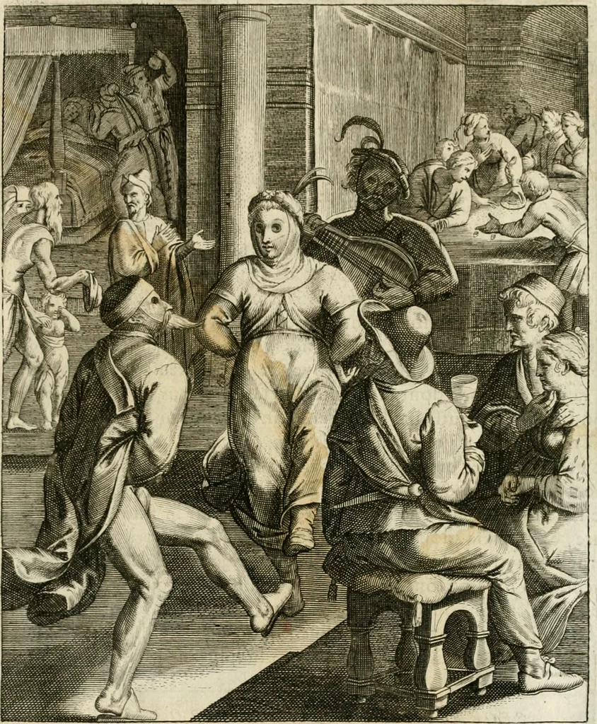 An illustration from La doctrine des murs, tiree de la philosophie des stoiques, representee en cent tableaux et expliquee en cent discours pour l'instruction de la ieunesse, 1646, leaf 106