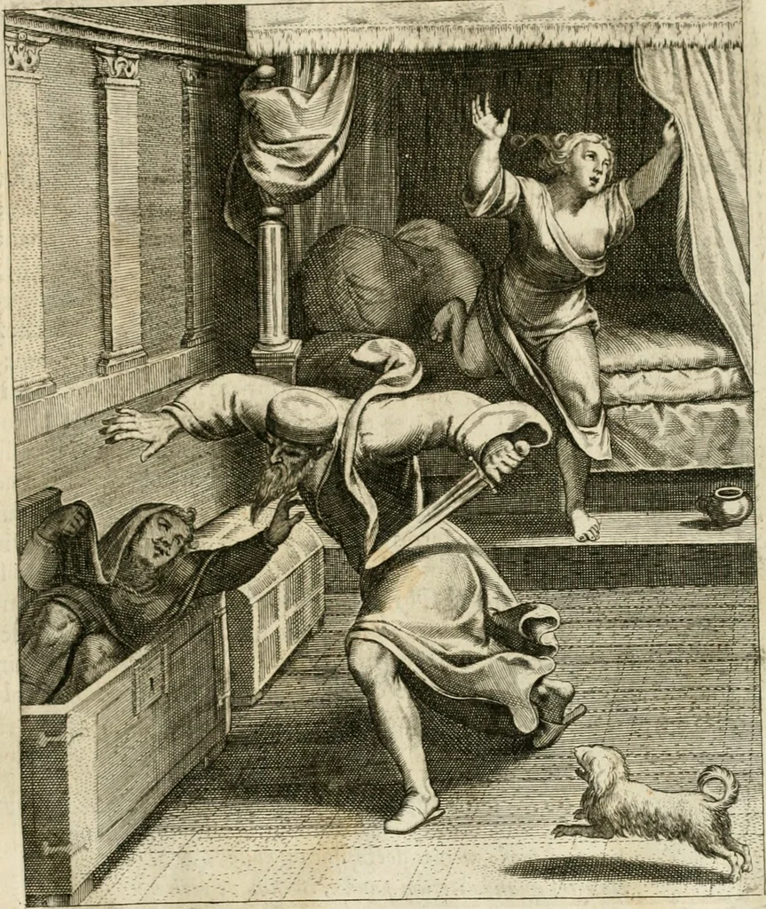 An illustration from La doctrine des murs, tiree de la philosophie des stoiques, representee en cent tableaux et expliquee en cent discours pour l'instruction de la ieunesse, 1646, leaf 110