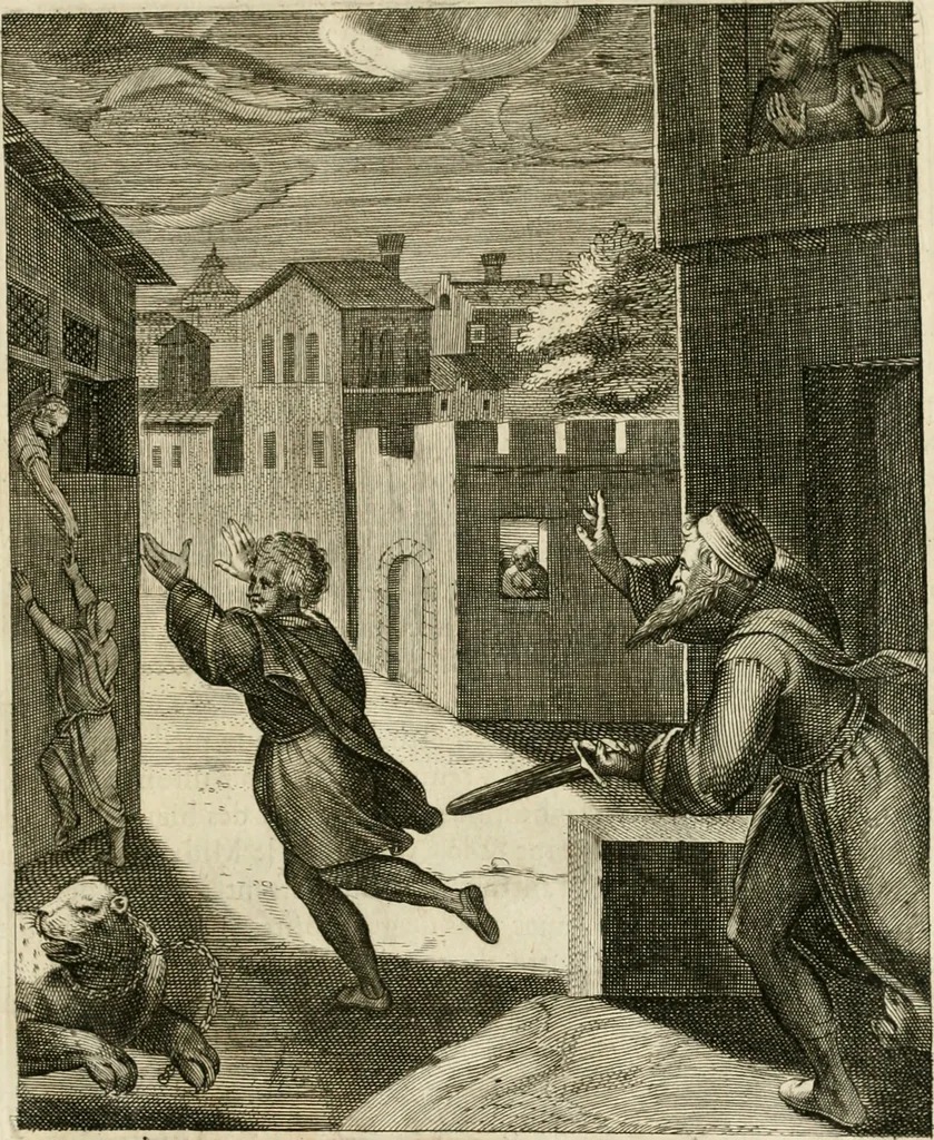 An illustration from La doctrine des murs, tiree de la philosophie des stoiques, representee en cent tableaux et expliquee en cent discours pour l'instruction de la ieunesse, 1646, leaf 112