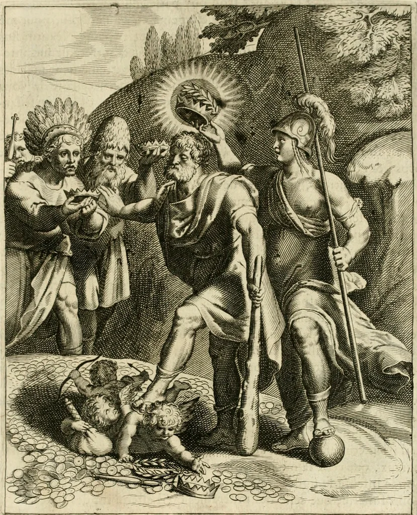 An illustration from La doctrine des murs, tiree de la philosophie des stoiques, representee en cent tableaux et expliquee en cent discours pour l'instruction de la ieunesse, 1646, leaf 114