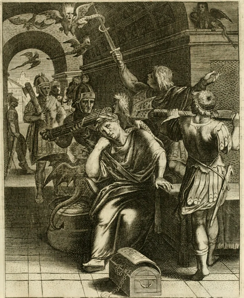 An illustration from La doctrine des murs, tiree de la philosophie des stoiques, representee en cent tableaux et expliquee en cent discours pour l'instruction de la ieunesse, 1646, leaf 118