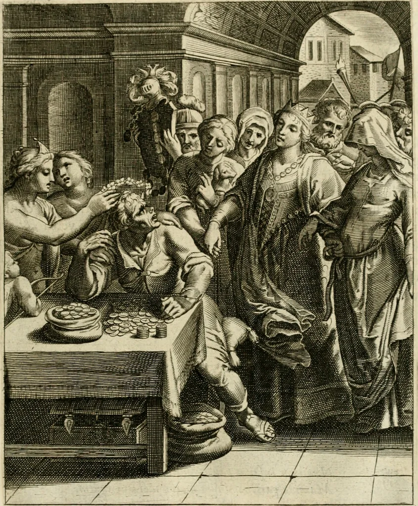 An illustration from La doctrine des murs, tiree de la philosophie des stoiques, representee en cent tableaux et expliquee en cent discours pour l'instruction de la ieunesse, 1646, leaf 128