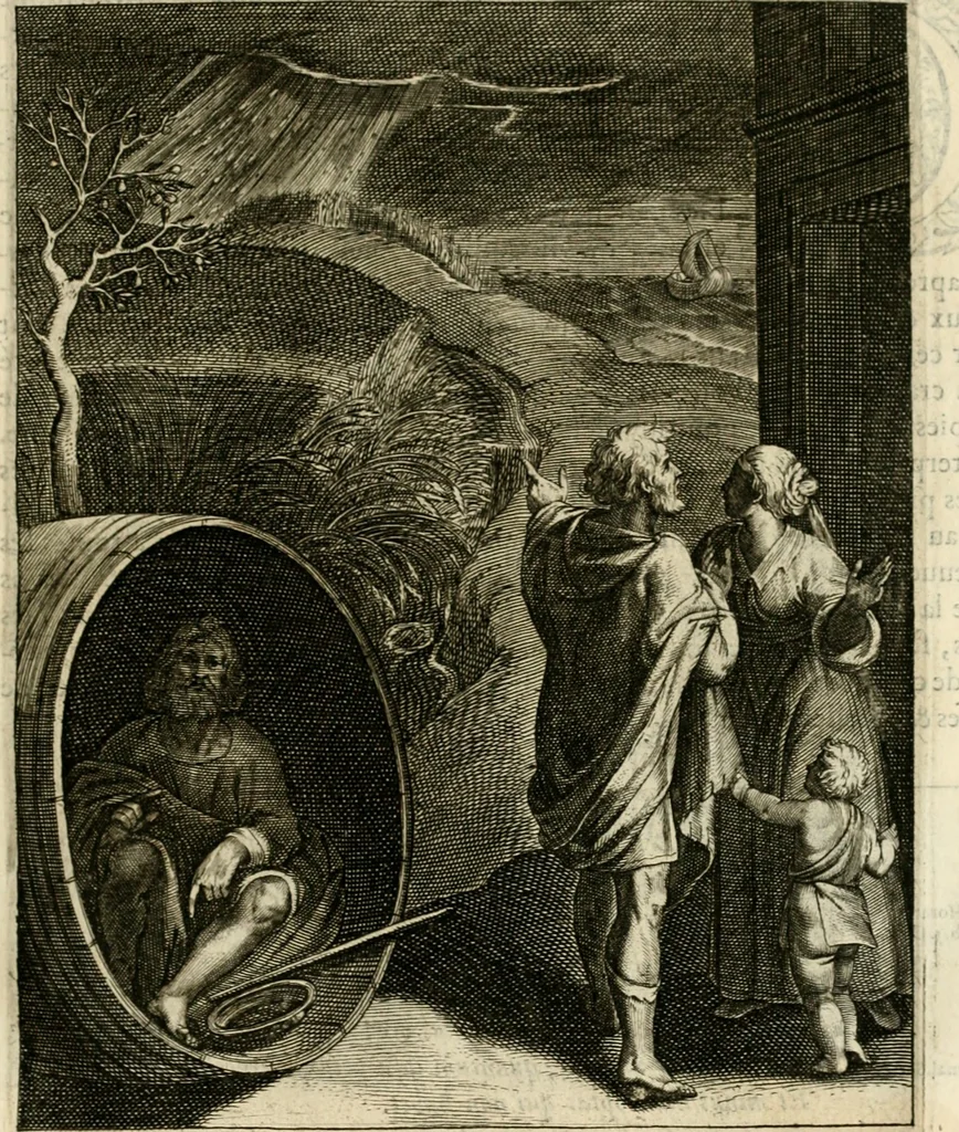 An illustration from La doctrine des murs, tiree de la philosophie des stoiques, representee en cent tableaux et expliquee en cent discours pour l'instruction de la ieunesse, 1646, leaf 136