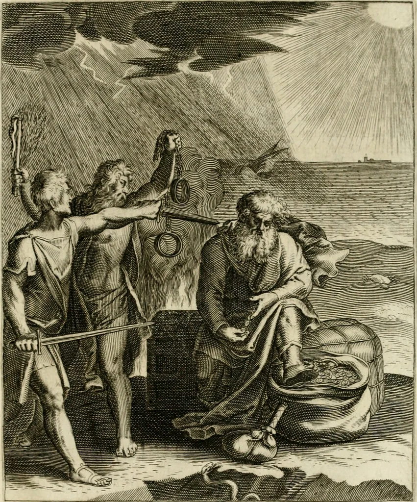 An illustration from La doctrine des murs, tiree de la philosophie des stoiques, representee en cent tableaux et expliquee en cent discours pour l'instruction de la ieunesse, 1646, leaf 140