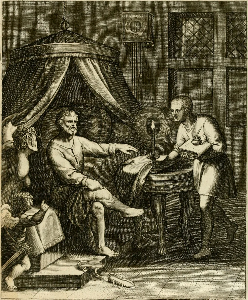 An illustration from La doctrine des murs, tiree de la philosophie des stoiques, representee en cent tableaux et expliquee en cent discours pour l'instruction de la ieunesse, 1646, leaf 170