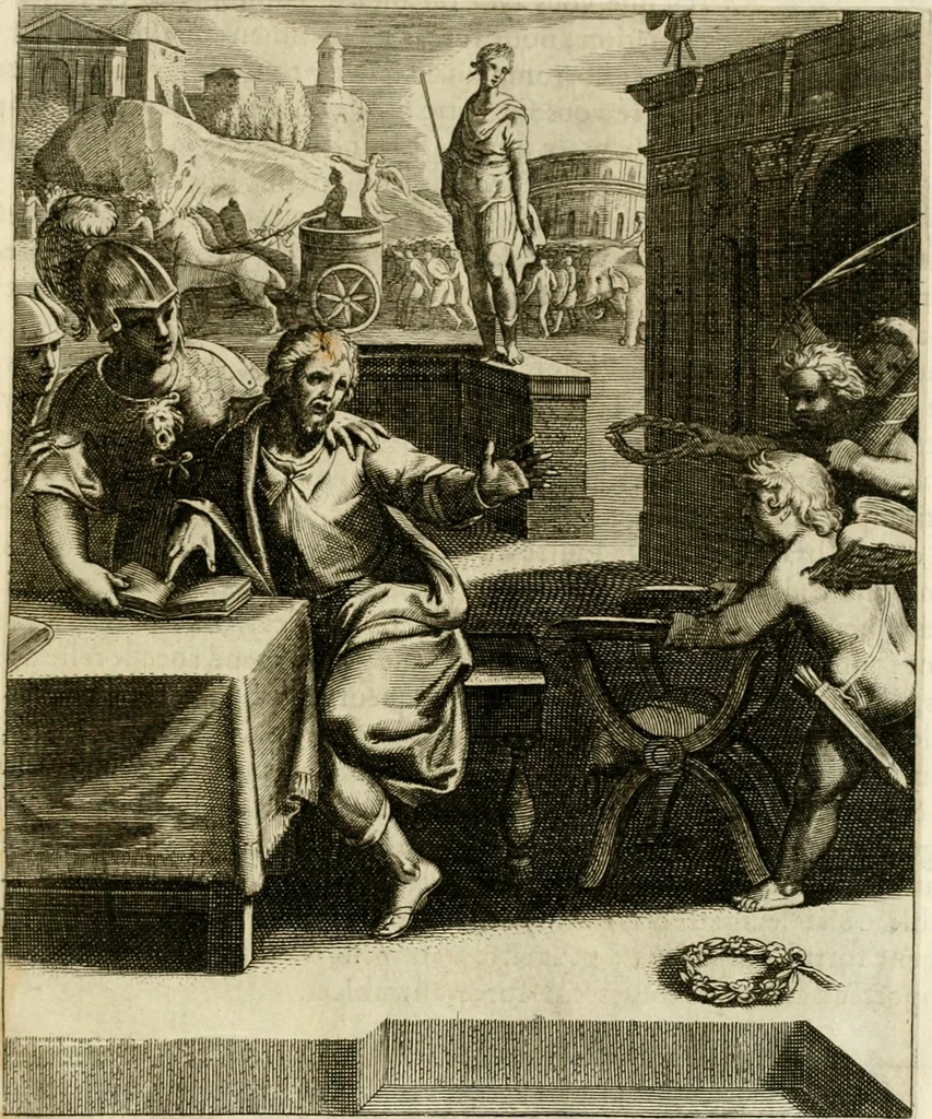 An illustration from La doctrine des murs, tiree de la philosophie des stoiques, representee en cent tableaux et expliquee en cent discours pour l'instruction de la ieunesse, 1646, leaf 172