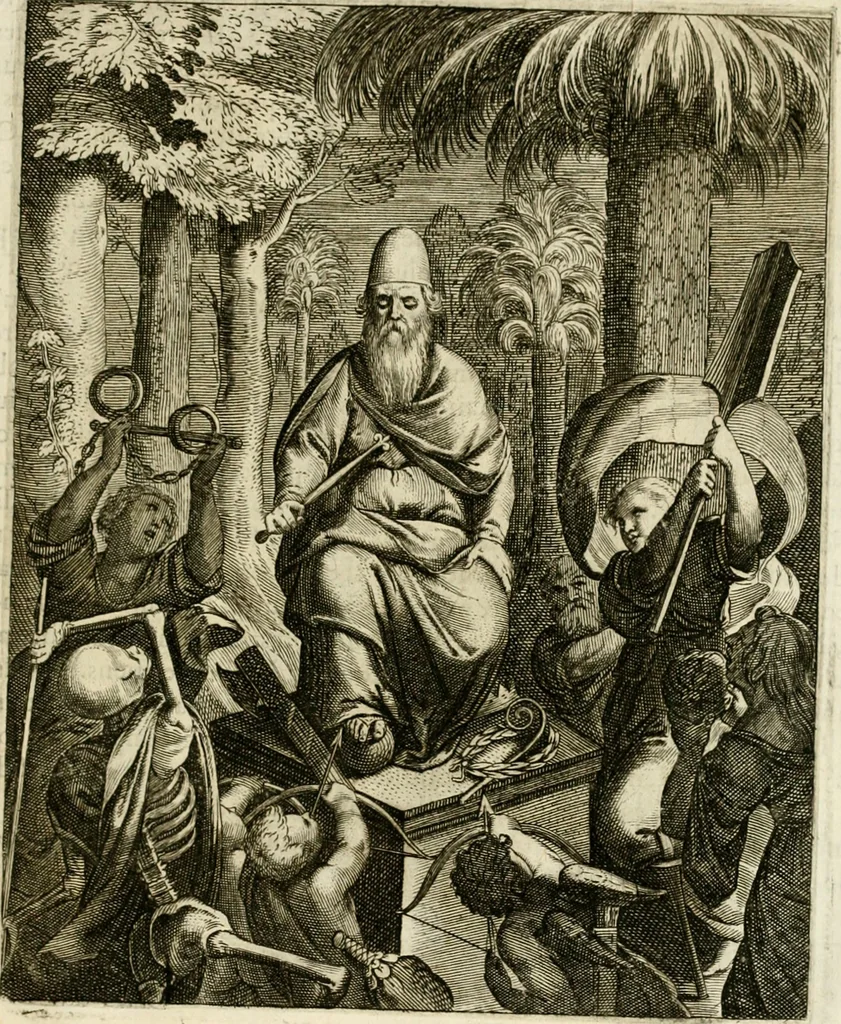 An illustration from La doctrine des murs, tiree de la philosophie des stoiques, representee en cent tableaux et expliquee en cent discours pour l'instruction de la ieunesse, 1646, leaf 174