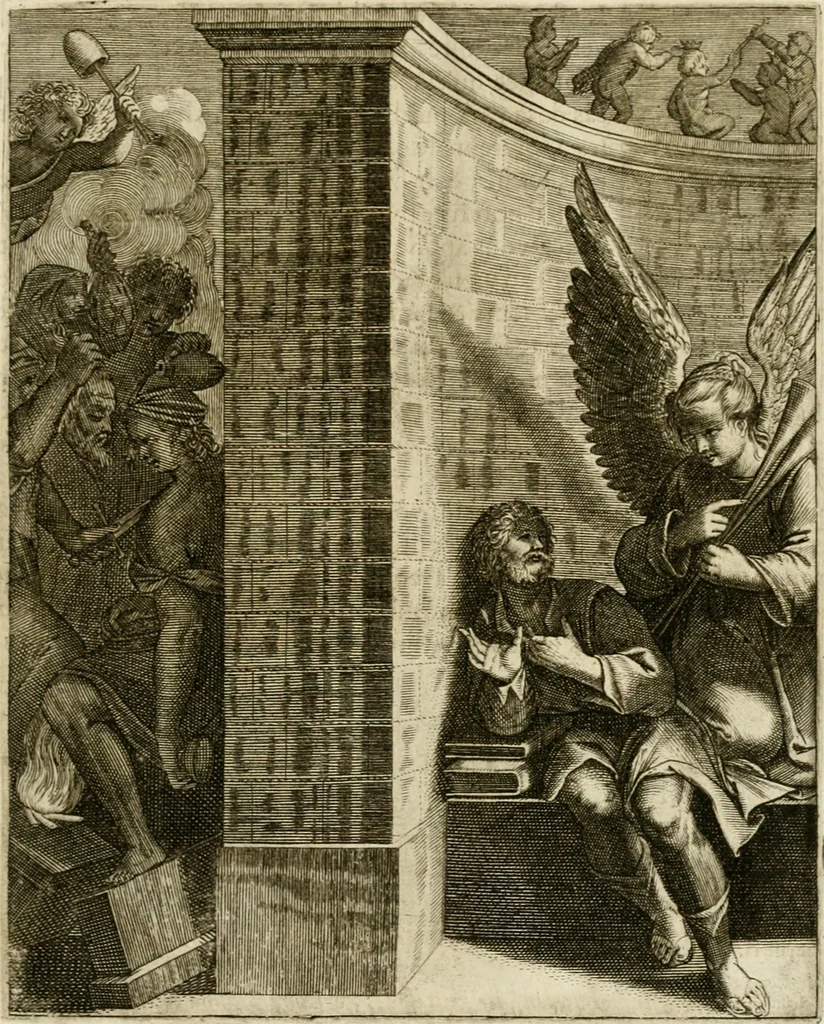 An illustration from La doctrine des murs, tiree de la philosophie des stoiques, representee en cent tableaux et expliquee en cent discours pour l'instruction de la ieunesse, 1646, leaf 182