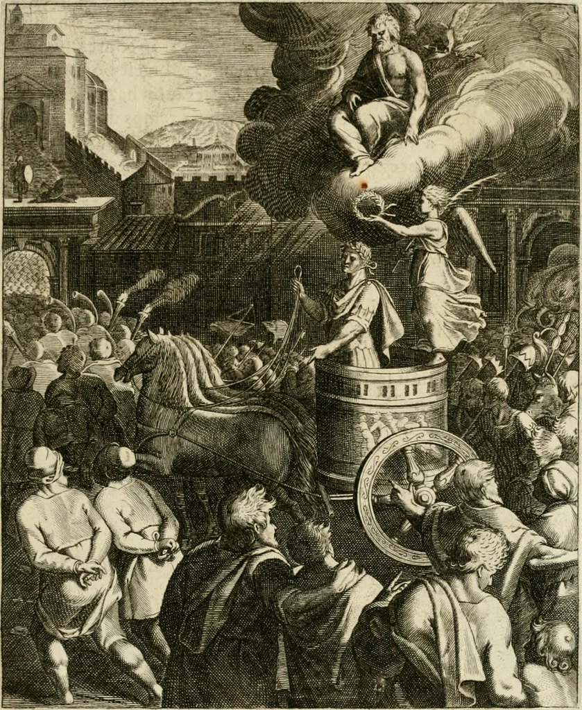 An illustration from La doctrine des murs, tiree de la philosophie des stoiques, representee en cent tableaux et expliquee en cent discours pour l'instruction de la ieunesse, 1646, leaf 186