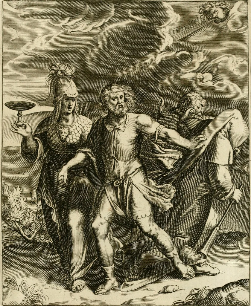 An illustration from La doctrine des murs, tiree de la philosophie des stoiques, representee en cent tableaux et expliquee en cent discours pour l'instruction de la ieunesse, 1646, leaf 196