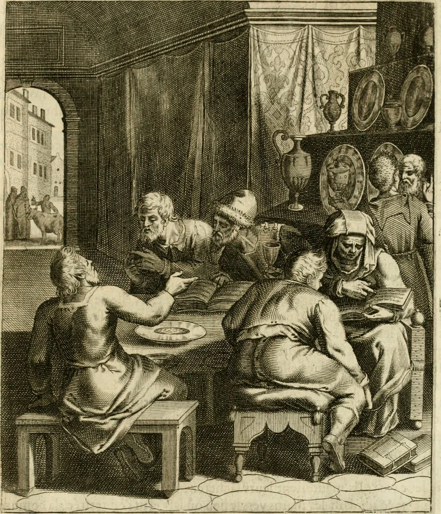 An illustration from La doctrine des murs, tiree de la philosophie des stoiques, representee en cent tableaux et expliquee en cent discours pour l'instruction de la ieunesse, 1646, leaf 198