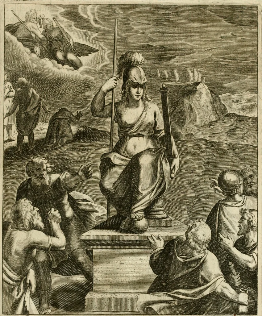 An illustration from La doctrine des murs, tiree de la philosophie des stoiques, representee en cent tableaux et expliquee en cent discours pour l'instruction de la ieunesse, 1646, leaf 200