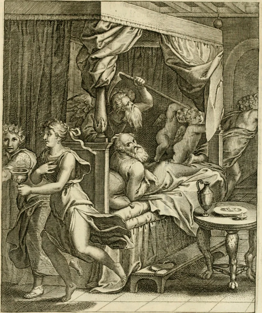 An illustration from La doctrine des murs, tiree de la philosophie des stoiques, representee en cent tableaux et expliquee en cent discours pour l'instruction de la ieunesse, 1646, leaf 214