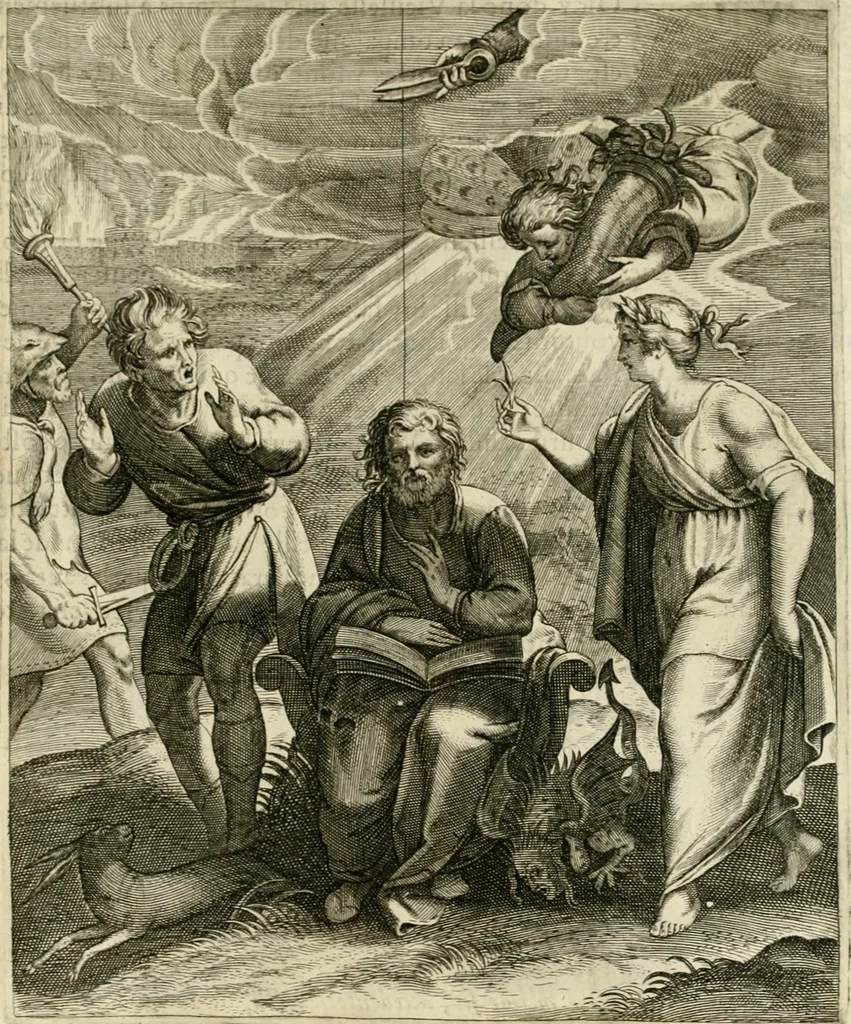 An illustration from La doctrine des murs, tiree de la philosophie des stoiques, representee en cent tableaux et expliquee en cent discours pour l'instruction de la ieunesse, 1646, leaf 218