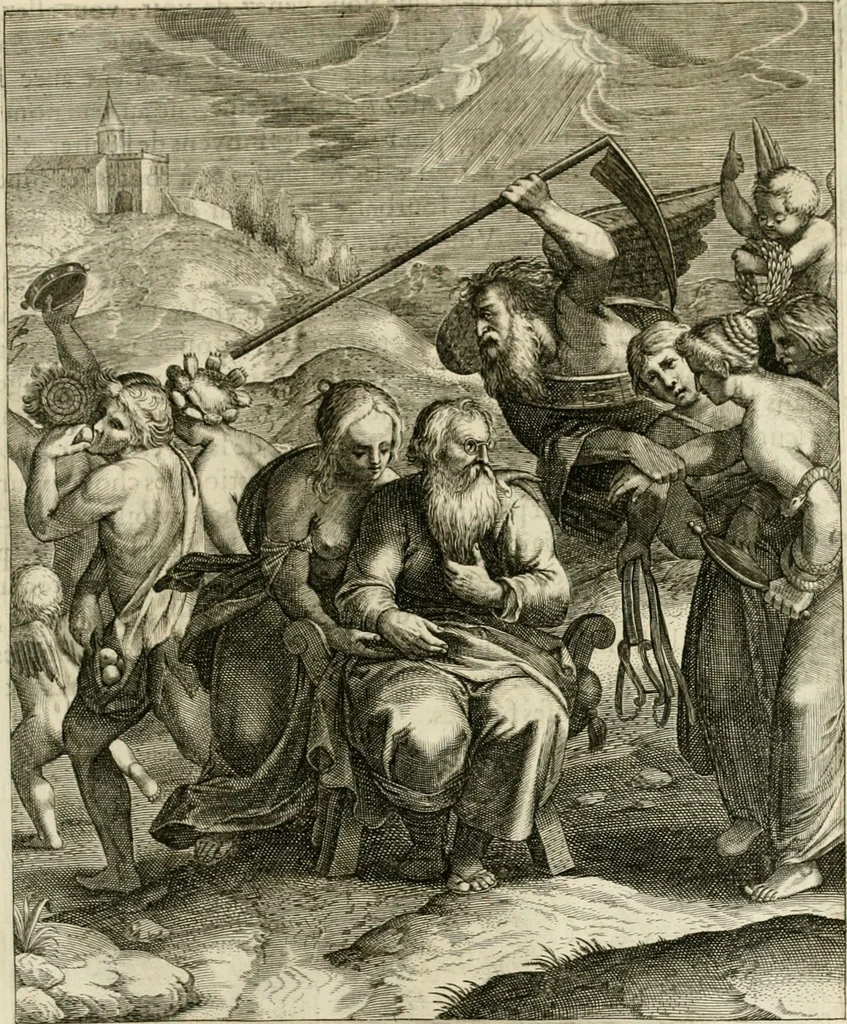 An illustration from La doctrine des murs, tiree de la philosophie des stoiques, representee en cent tableaux et expliquee en cent discours pour l'instruction de la ieunesse, 1646, leaf 220